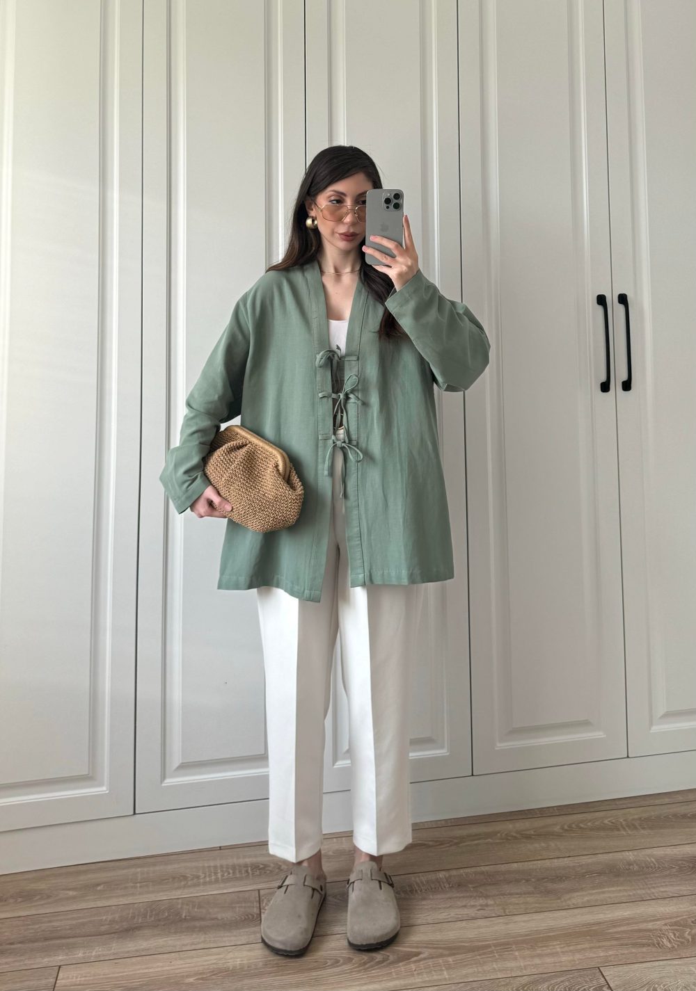 Önü Bağlamalı Mint Yeşili Keten Kimono - Görsel 2