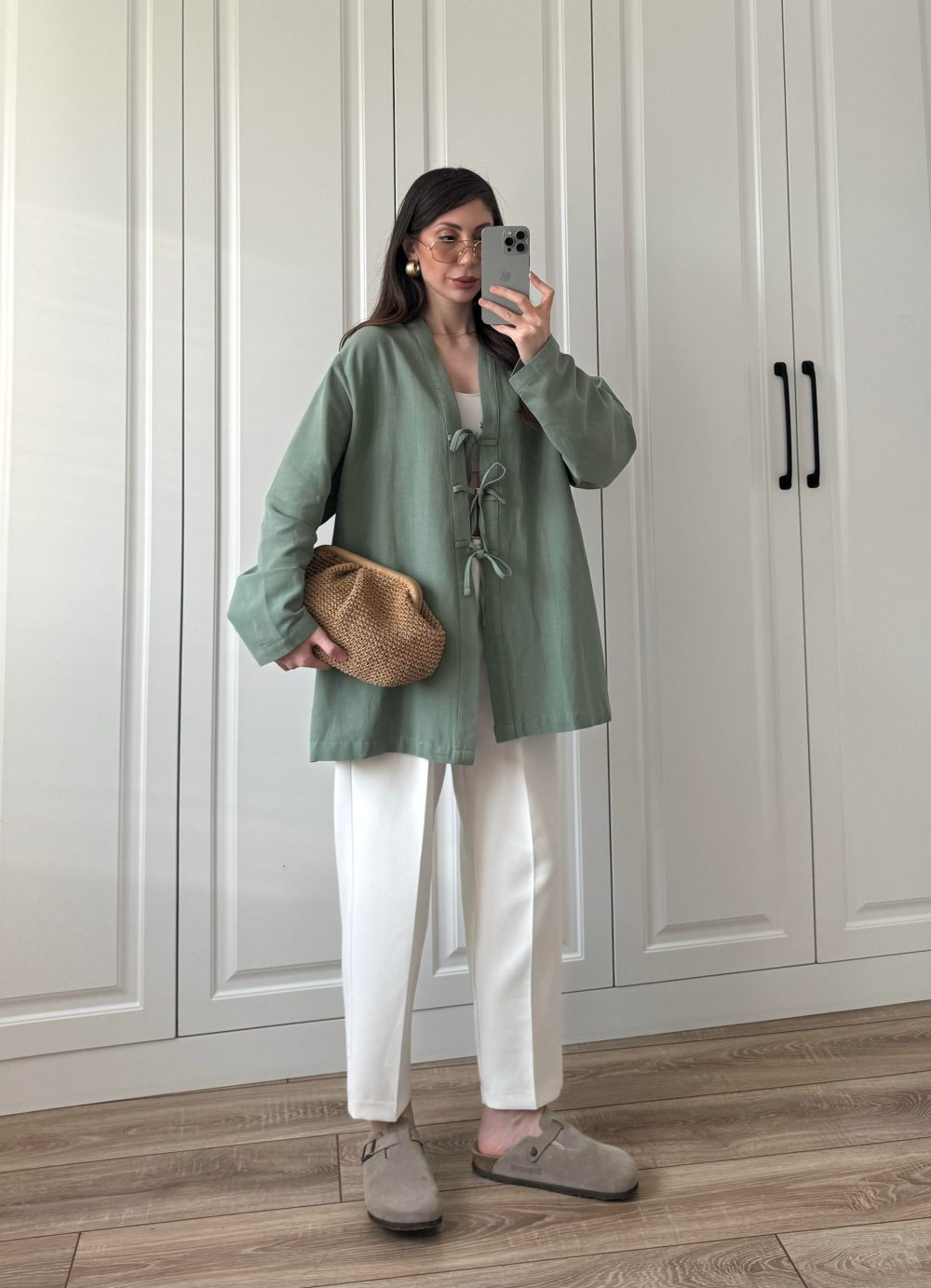 Önü Bağlamalı Mint Yeşili Keten Kimono - Görsel 6
