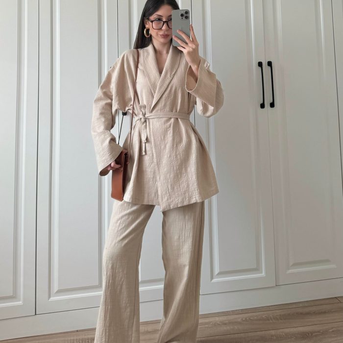 Vool Ham Keten Bej Kimono Takım