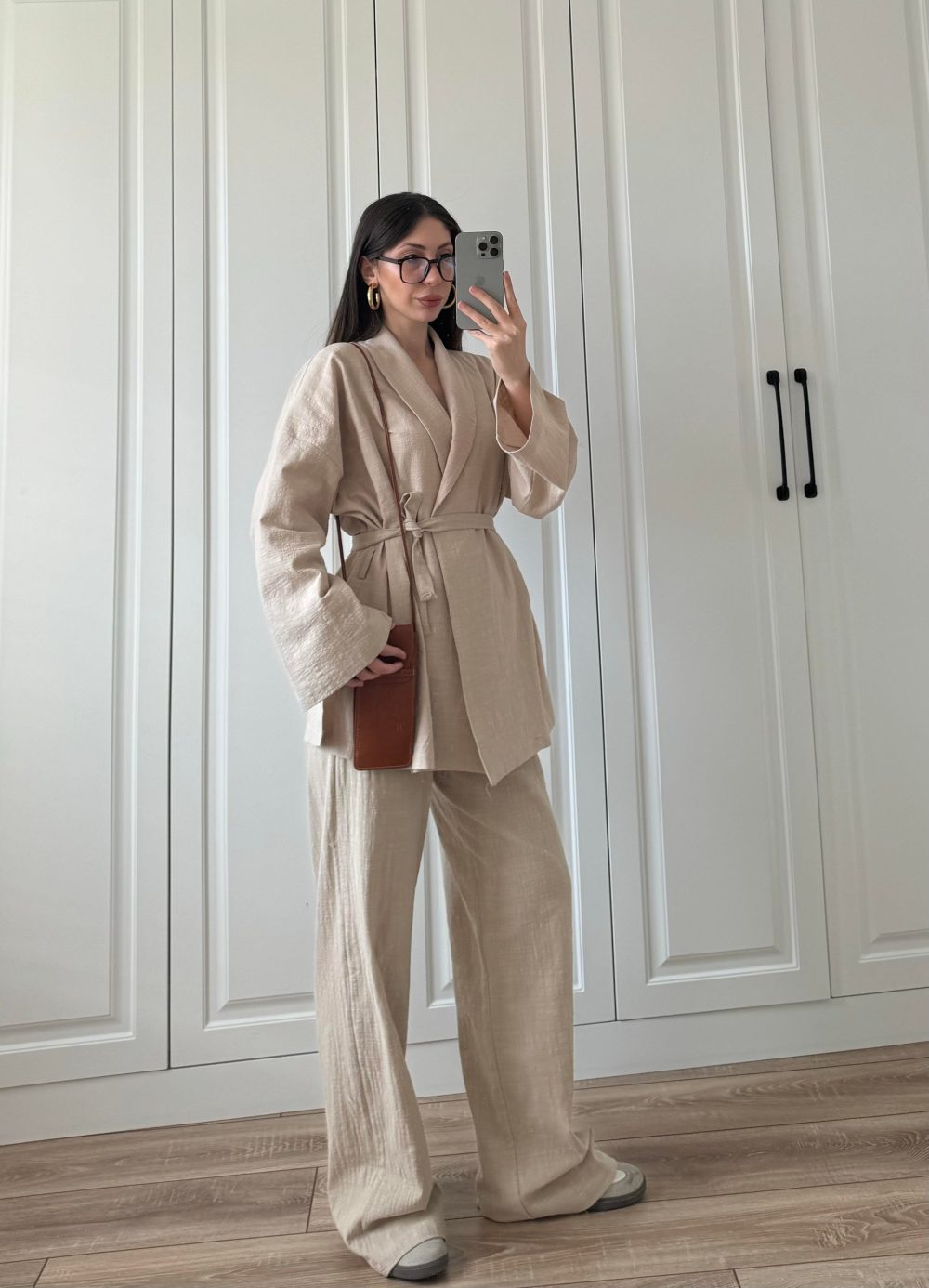 Vool Ham Keten Bej Kimono Takım - Görsel 3