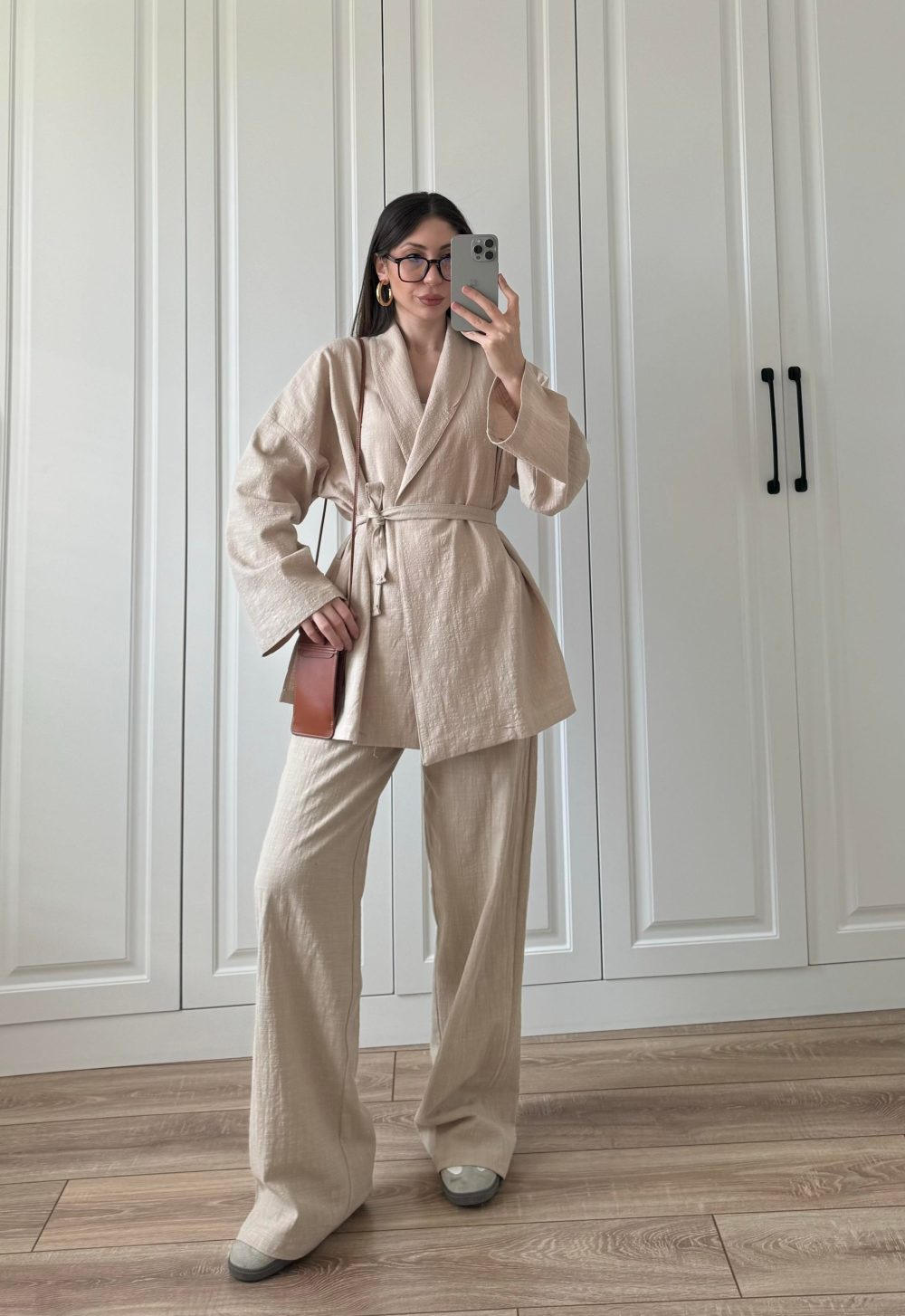Vool Ham Keten Bej Kimono Takım - Görsel 4