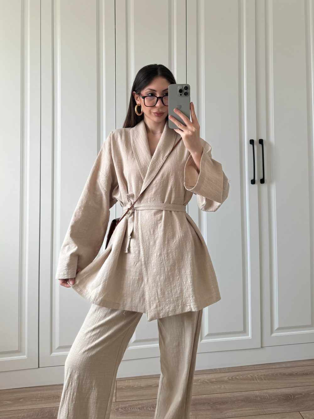 Vool Ham Keten Bej Kimono Takım - Görsel 5