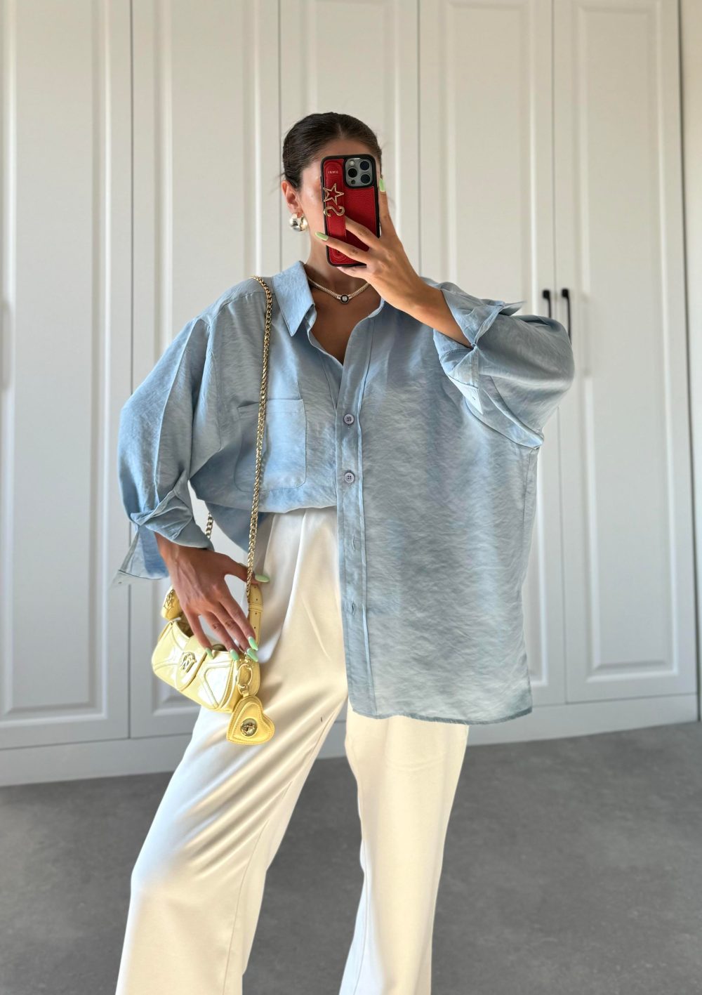 Açık Mavi Oversize Tensel Gömlek - Görsel 3