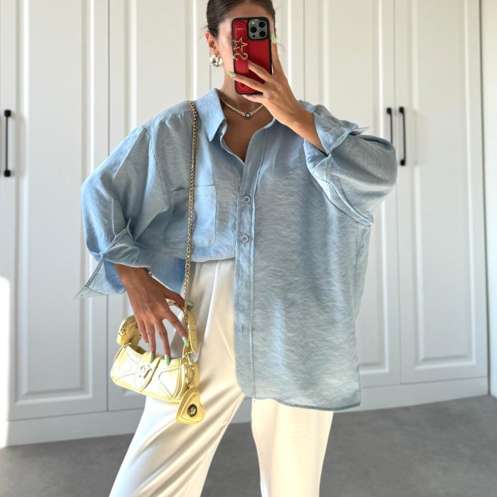 Açık Mavi Oversize Tensel Gömlek