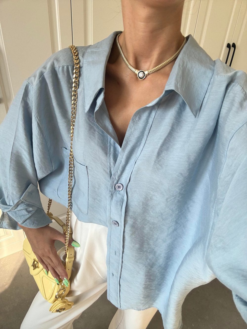 Açık Mavi Oversize Tensel Gömlek - Görsel 4