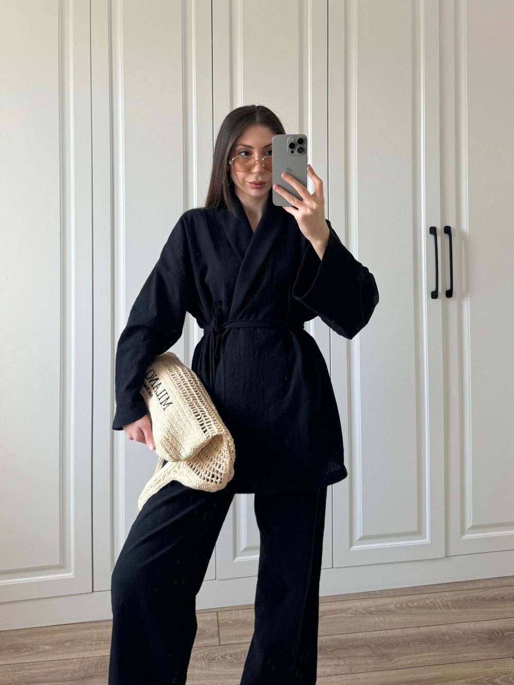 Vool Ham Keten Siyah Kimono Takım - Görsel 2