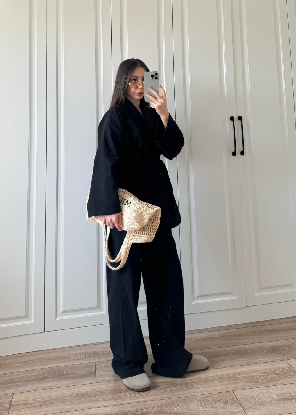 Vool Ham Keten Siyah Kimono Takım - Görsel 3