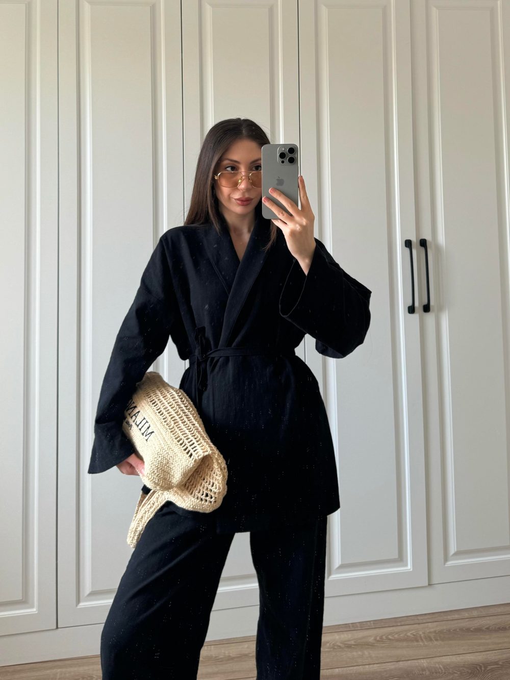 Vool Ham Keten Siyah Kimono Takım - Görsel 4