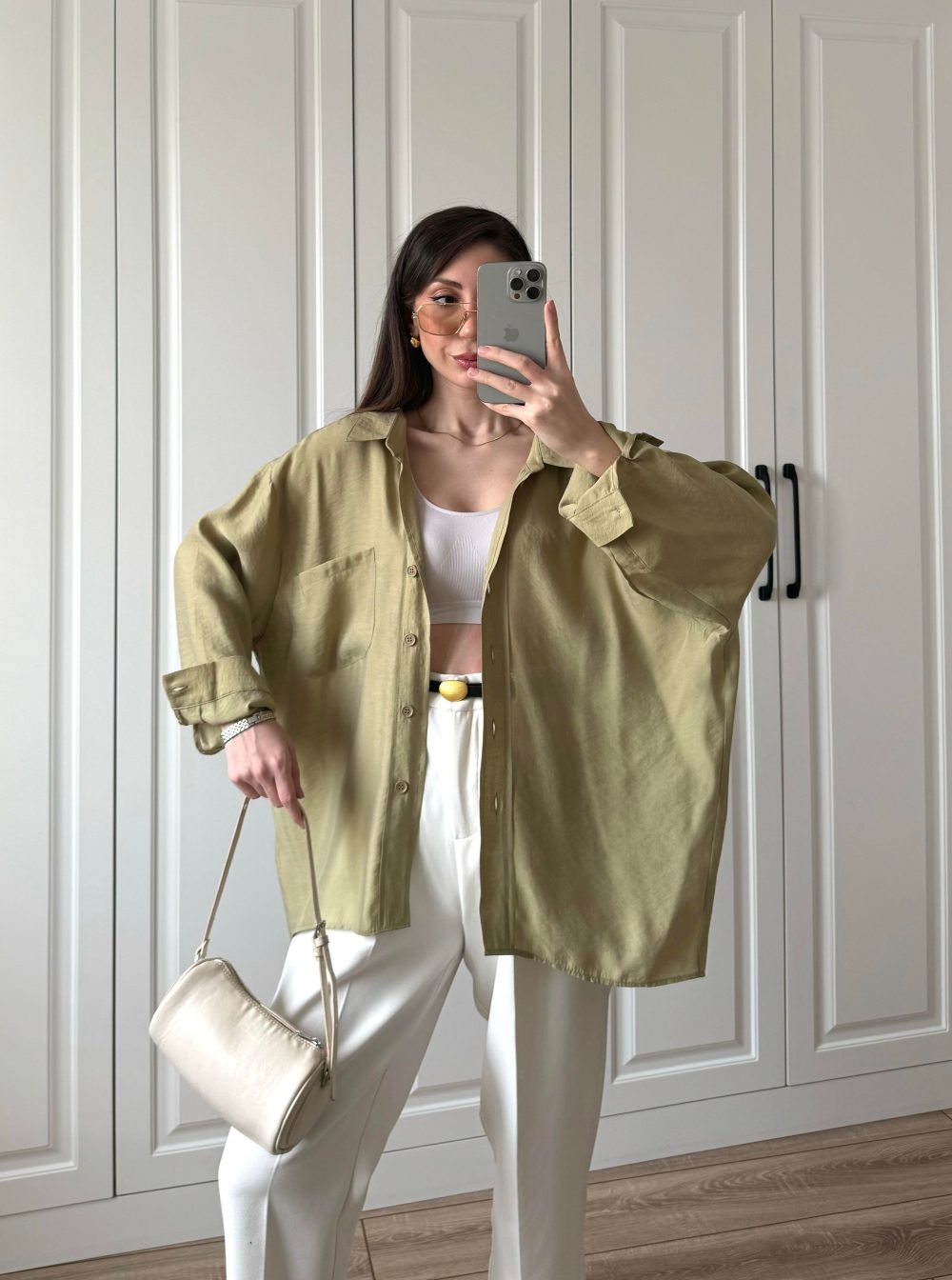 Haki Oversize Tensel Gömlek