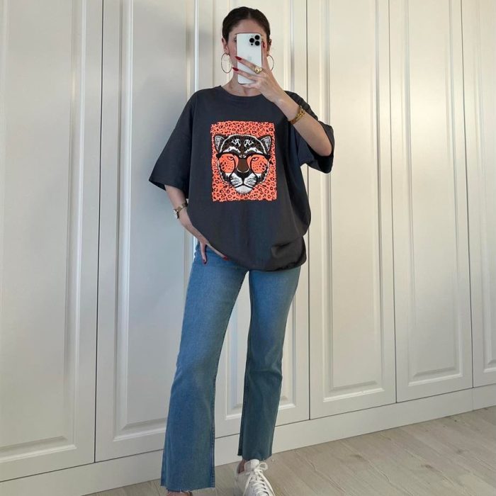 Desenli Antrasit Oversize Tshirt